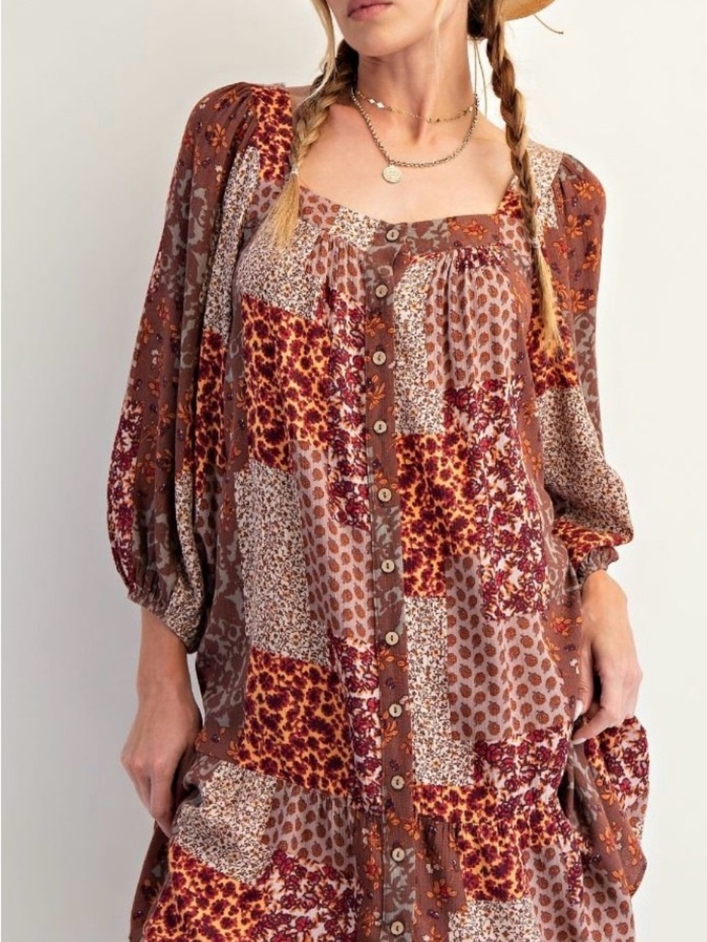 Easel Los Angeles Patchwork Boho Long Sleeve Dress NWT - Picture 6 of 6